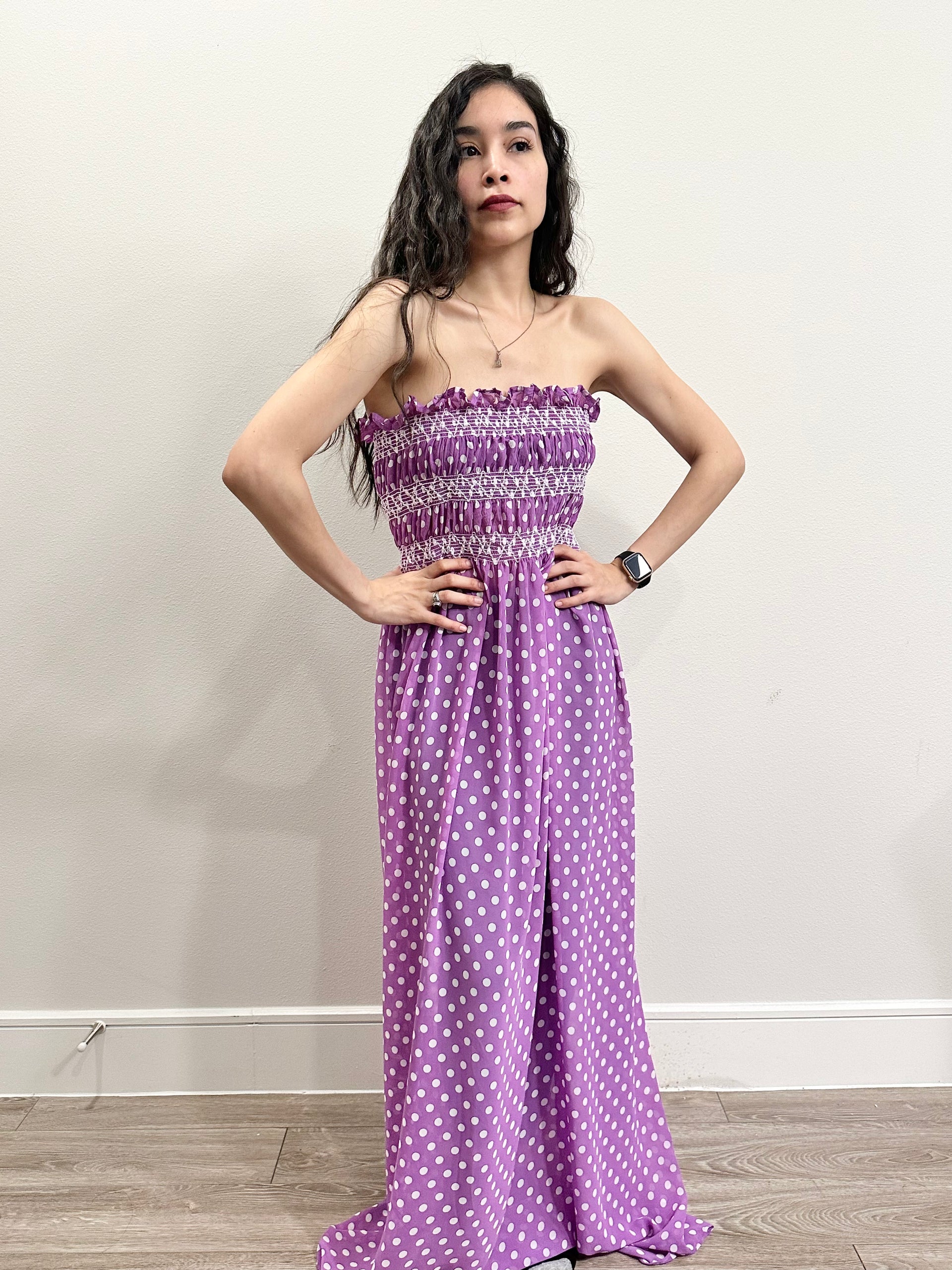 strapless open back dress Polka dots purple dress – Bella Arweyo